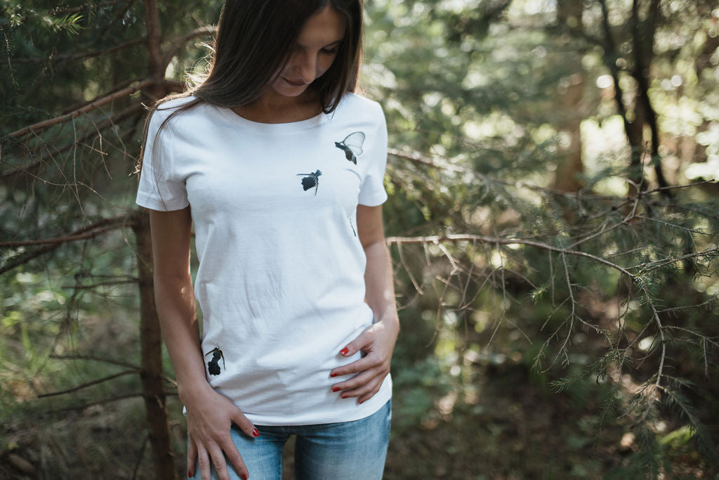 White shirt with flying bugs