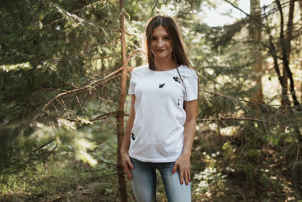 White shirt with flying bugs