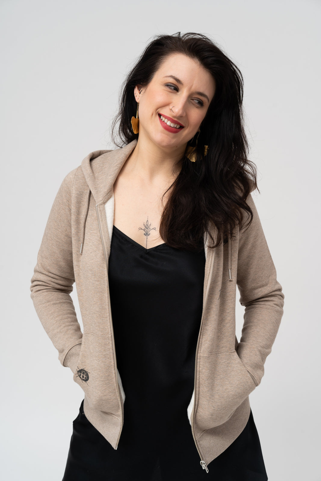 ZIP-THRU HOODIE SWEATSHIRT with black Ladybugs print