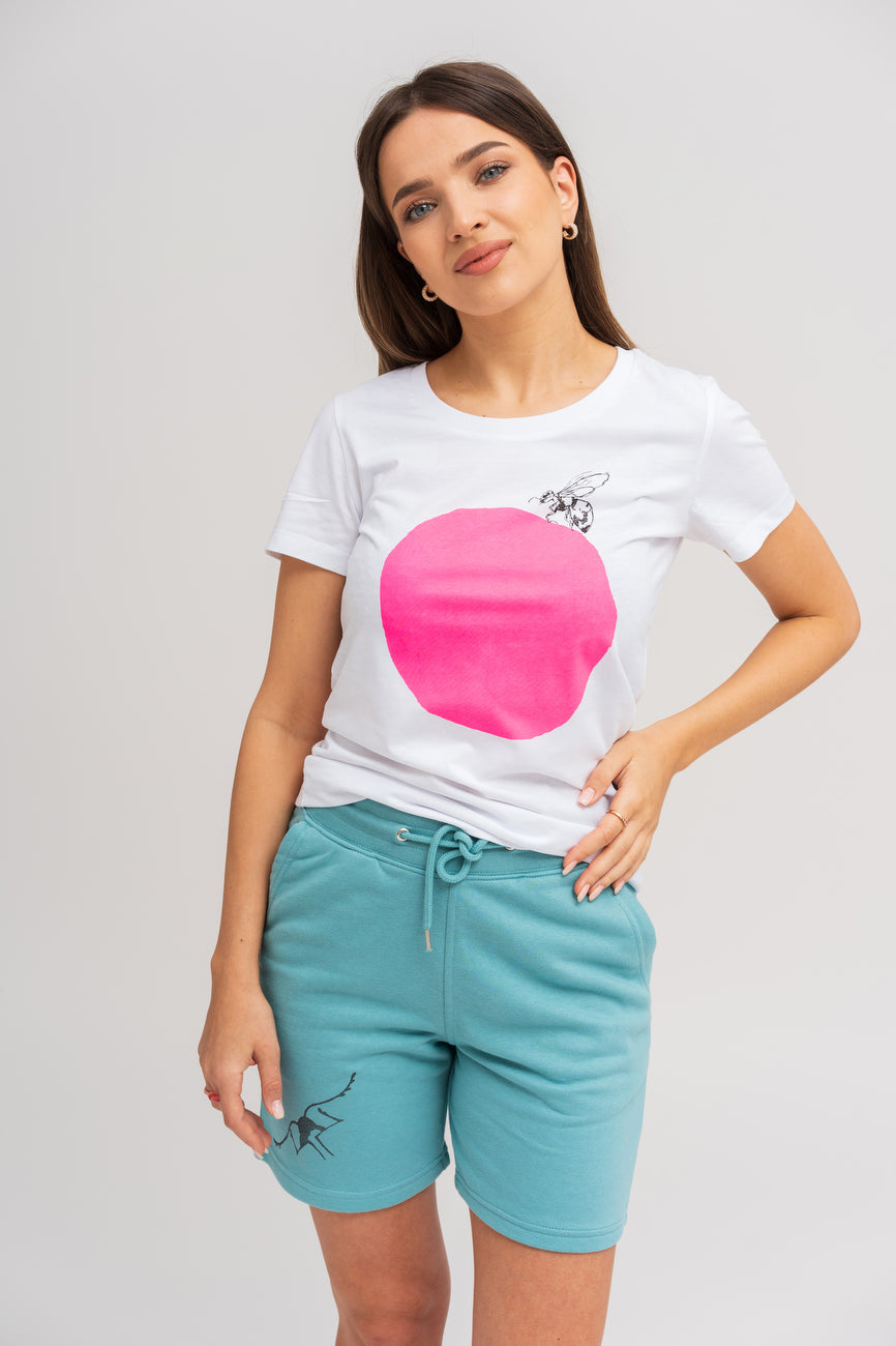 A bee on a pink circle
