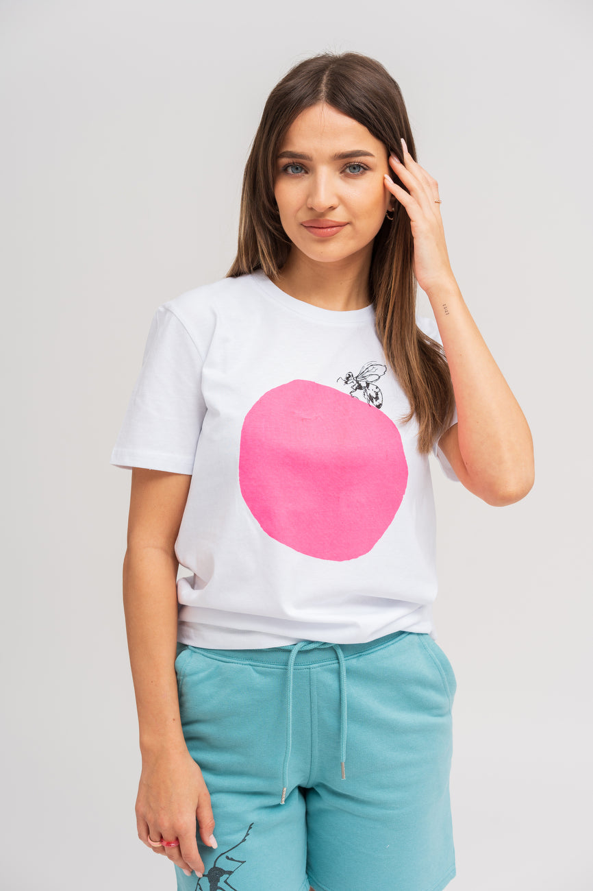 A bee on a pink circle