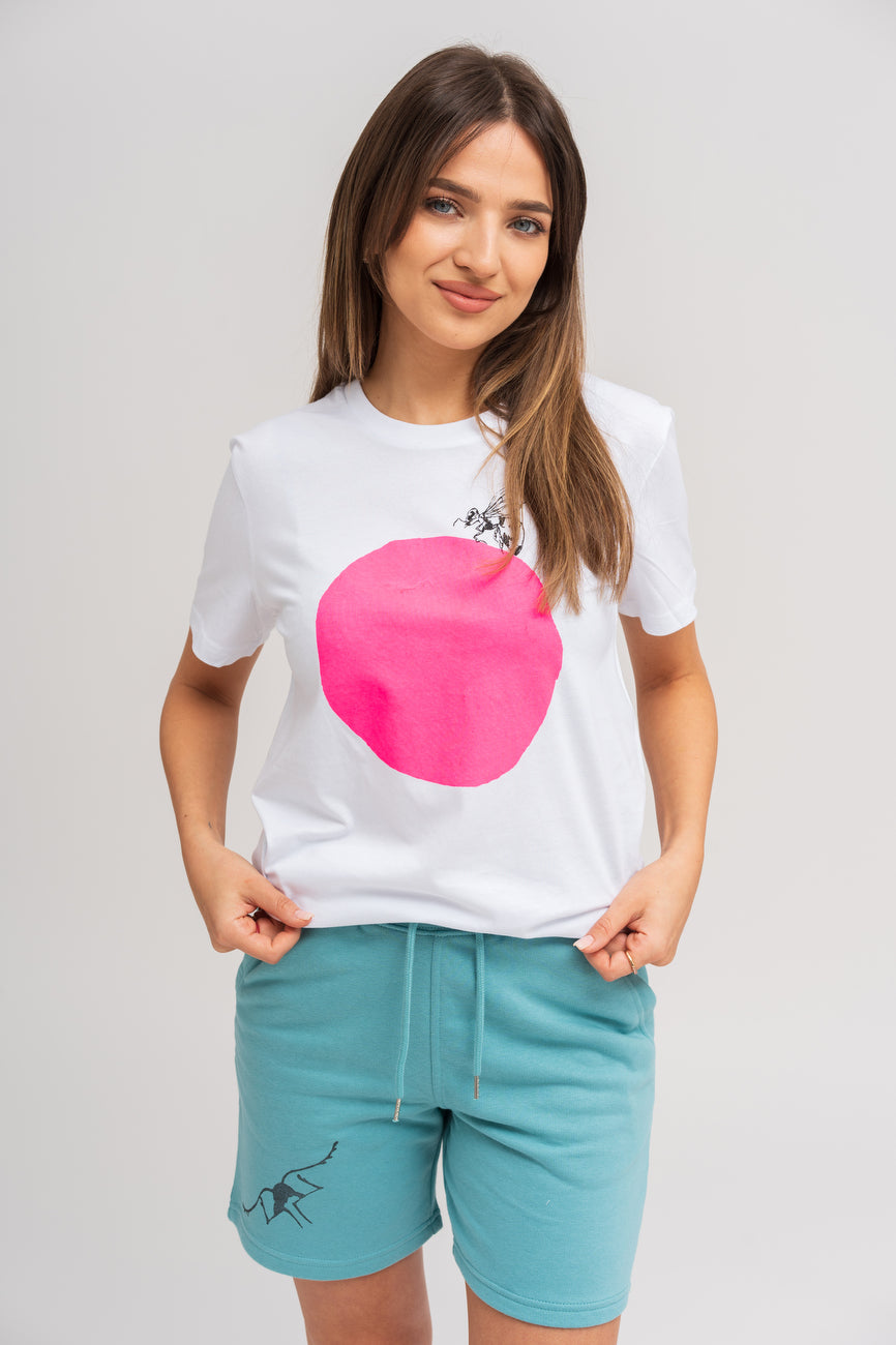 A bee on a pink circle
