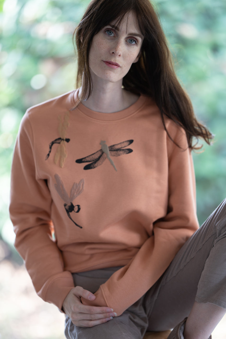 Apricot sweater with handmade 3D dragonfly print