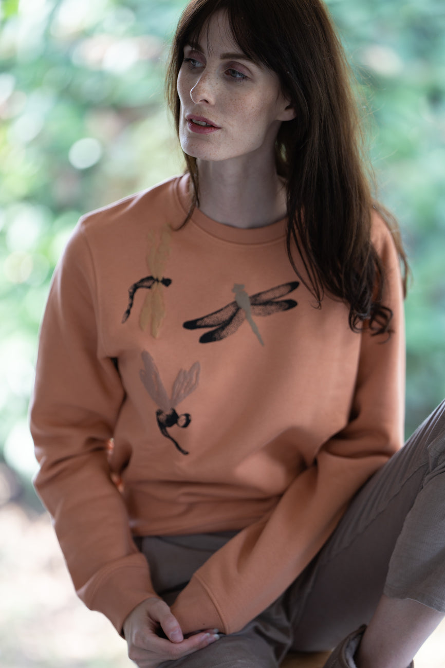 Apricot sweater with handmade 3D dragonfly print