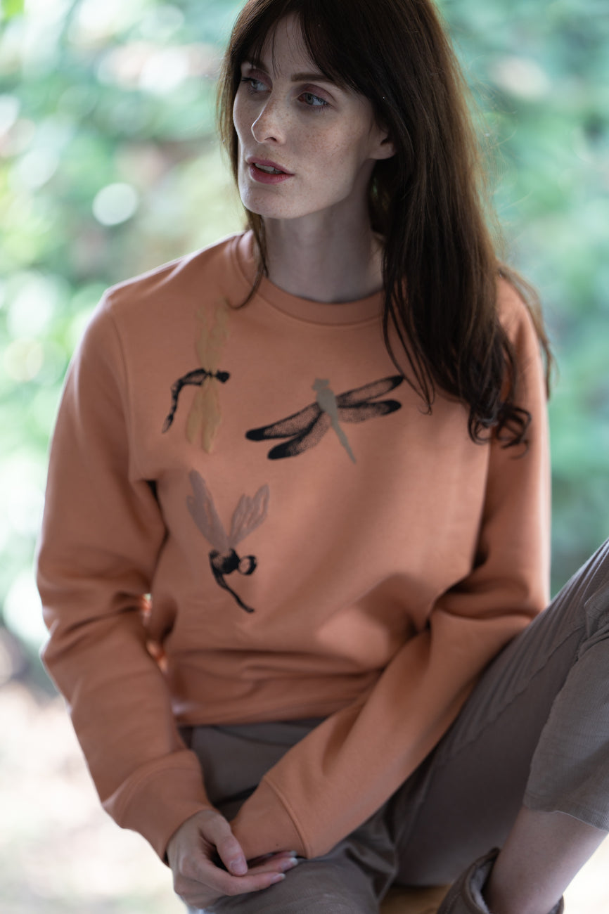 Apricot sweater with handmade 3D dragonfly print