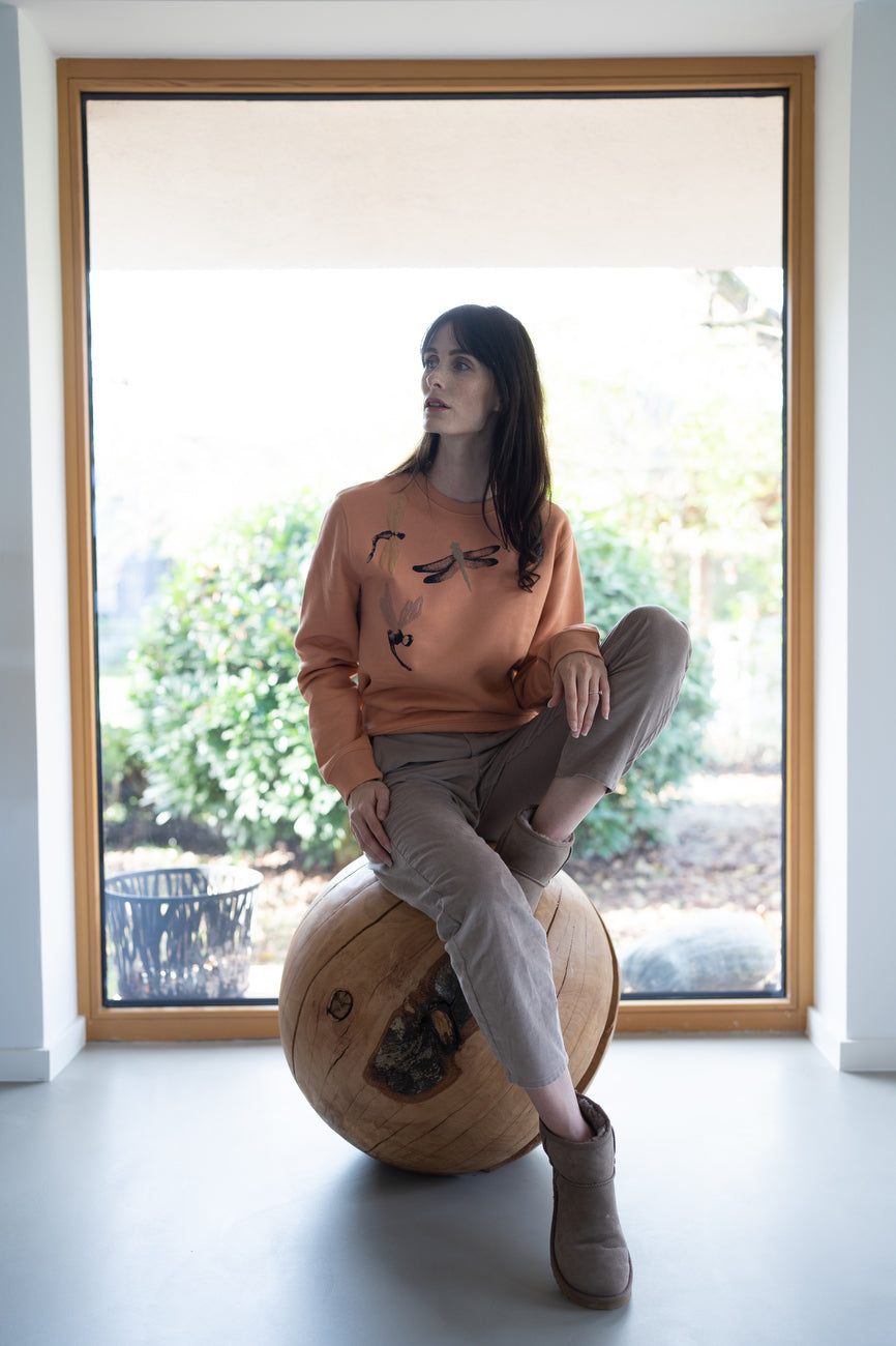 Apricot sweater with handmade 3D dragonfly print