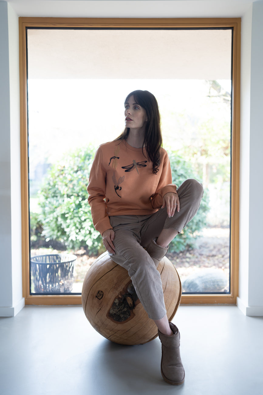 Apricot sweater with handmade 3D dragonfly print