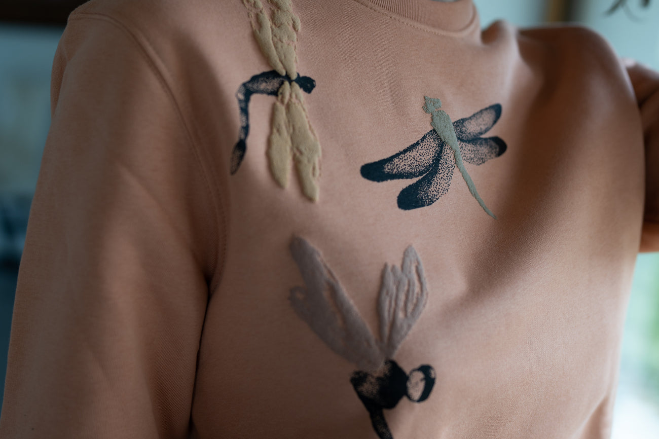 Apricot sweater with handmade 3D dragonfly print