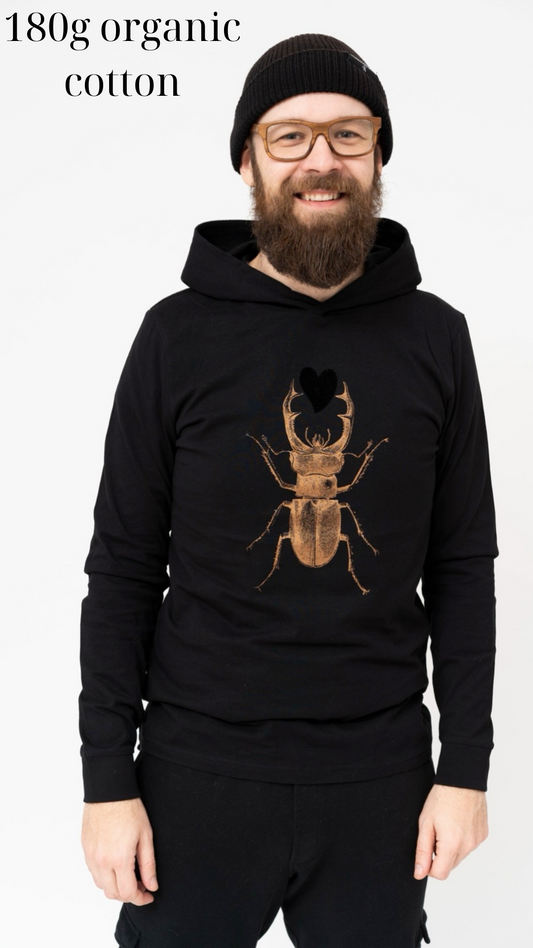 Hooded t shirt with bronze scarab and black plush heart