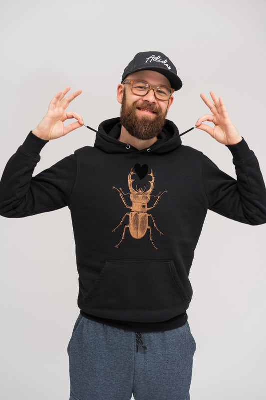 Hoodie unisex črn in bakren rogač s srcem