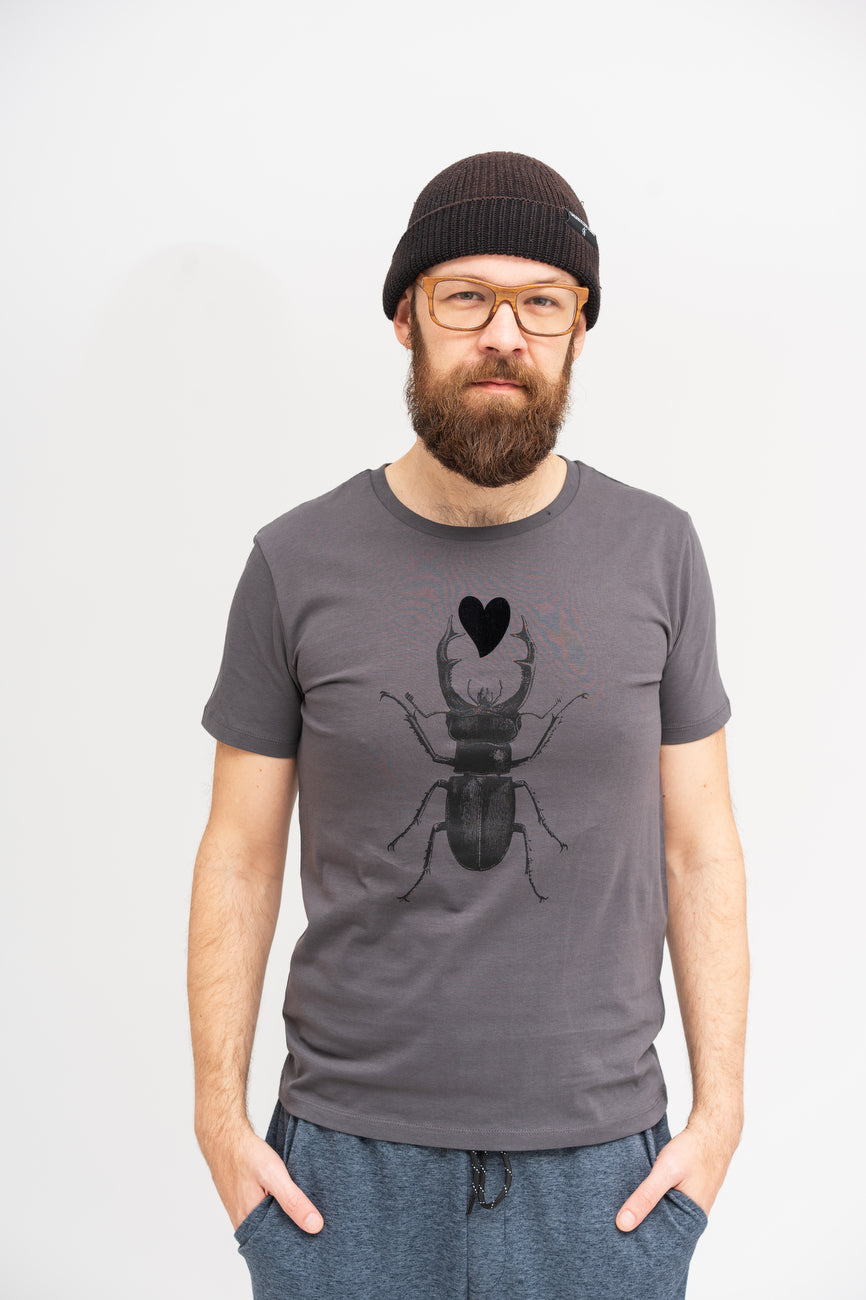 Grey T shirt with black scarab and black plush heart