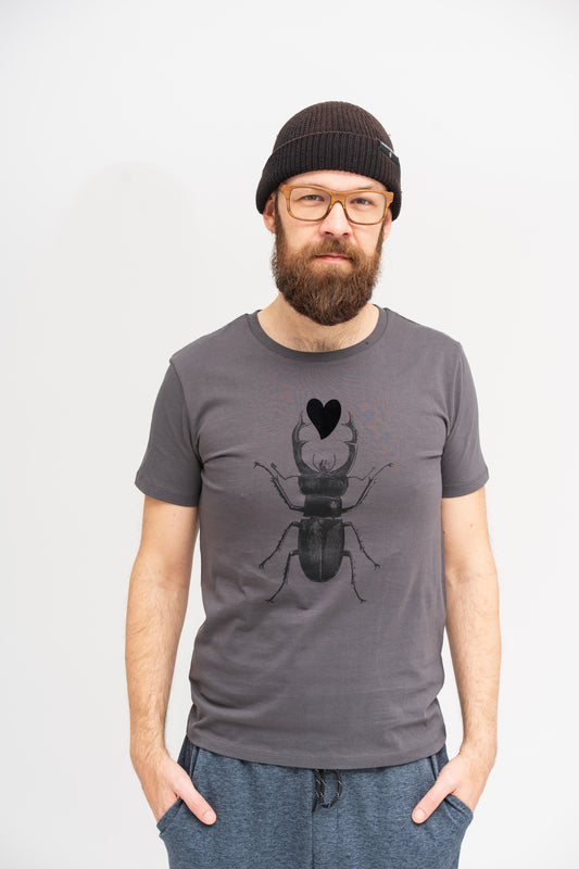 Grey T shirt with black scarab and black plush heart