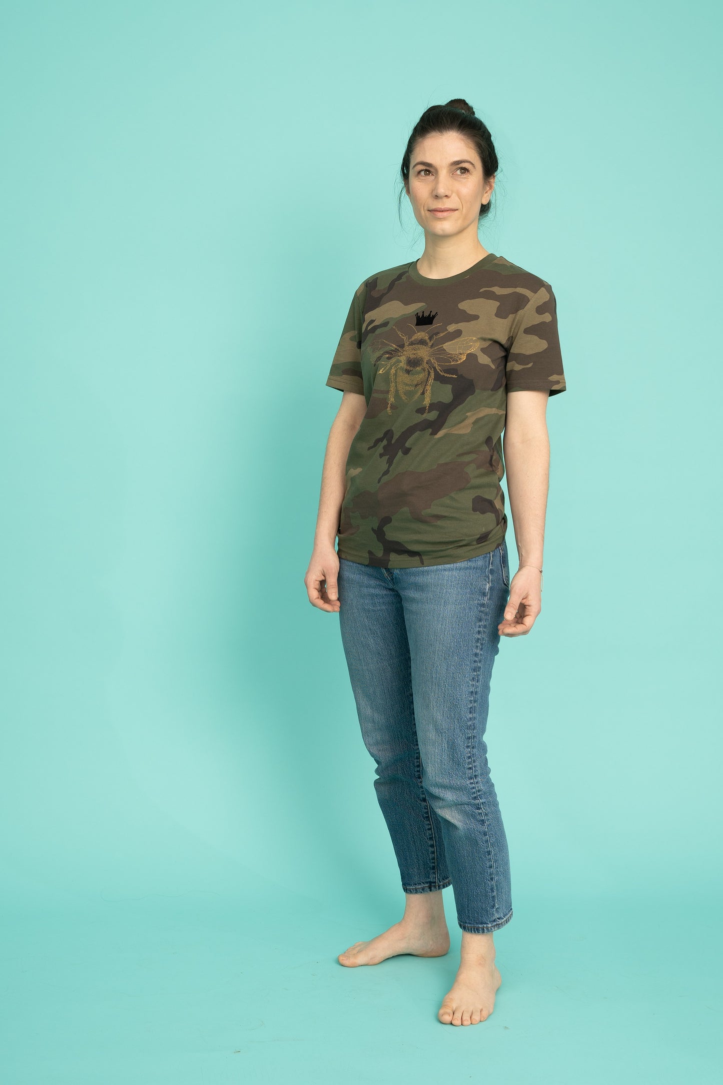 Golden bee on a military pattern tee