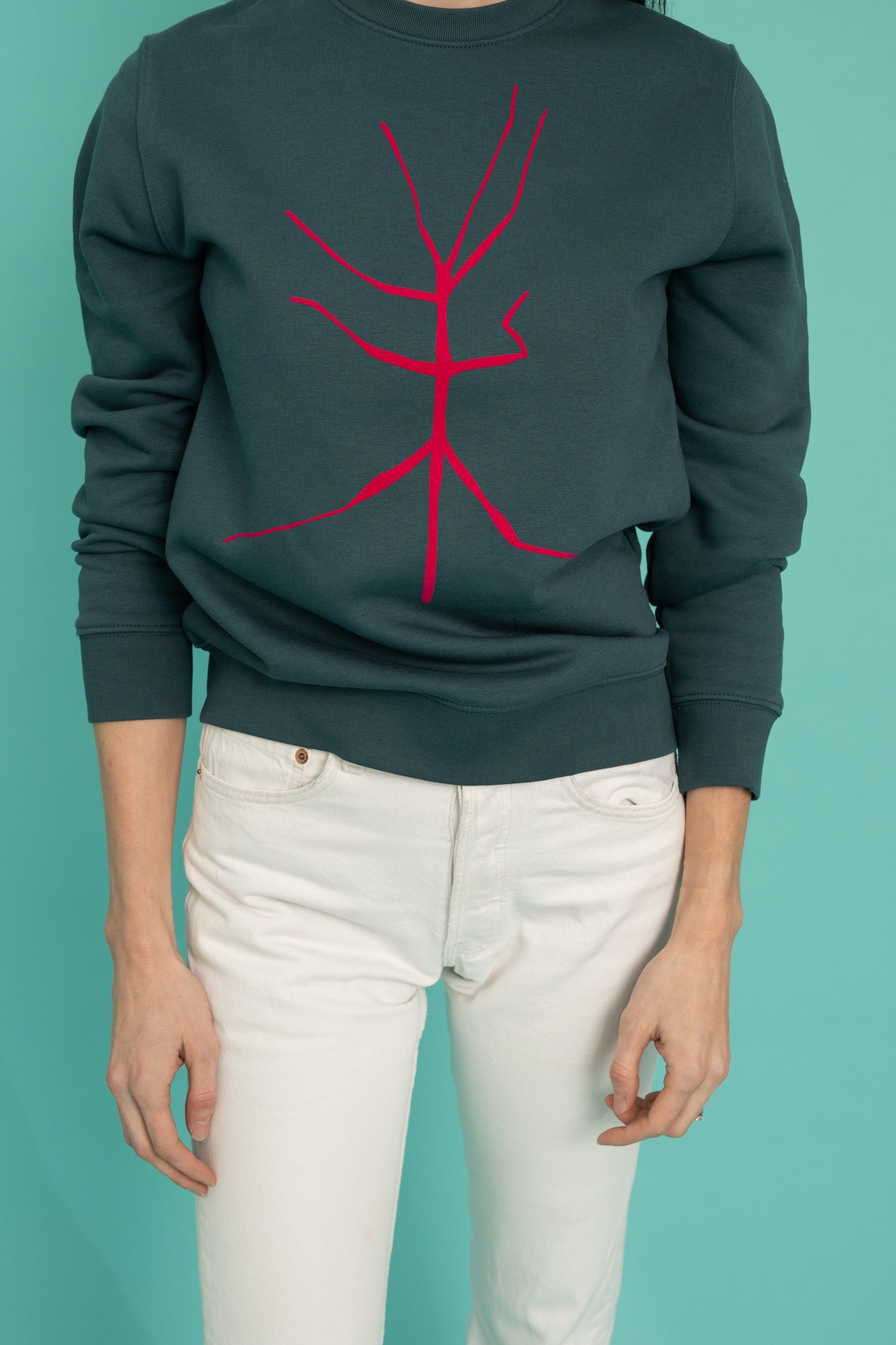 Sweater with a pink walking stick