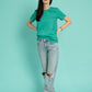 Turquoise tee with a grasshopper