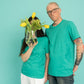 Turquoise tee with a grasshopper