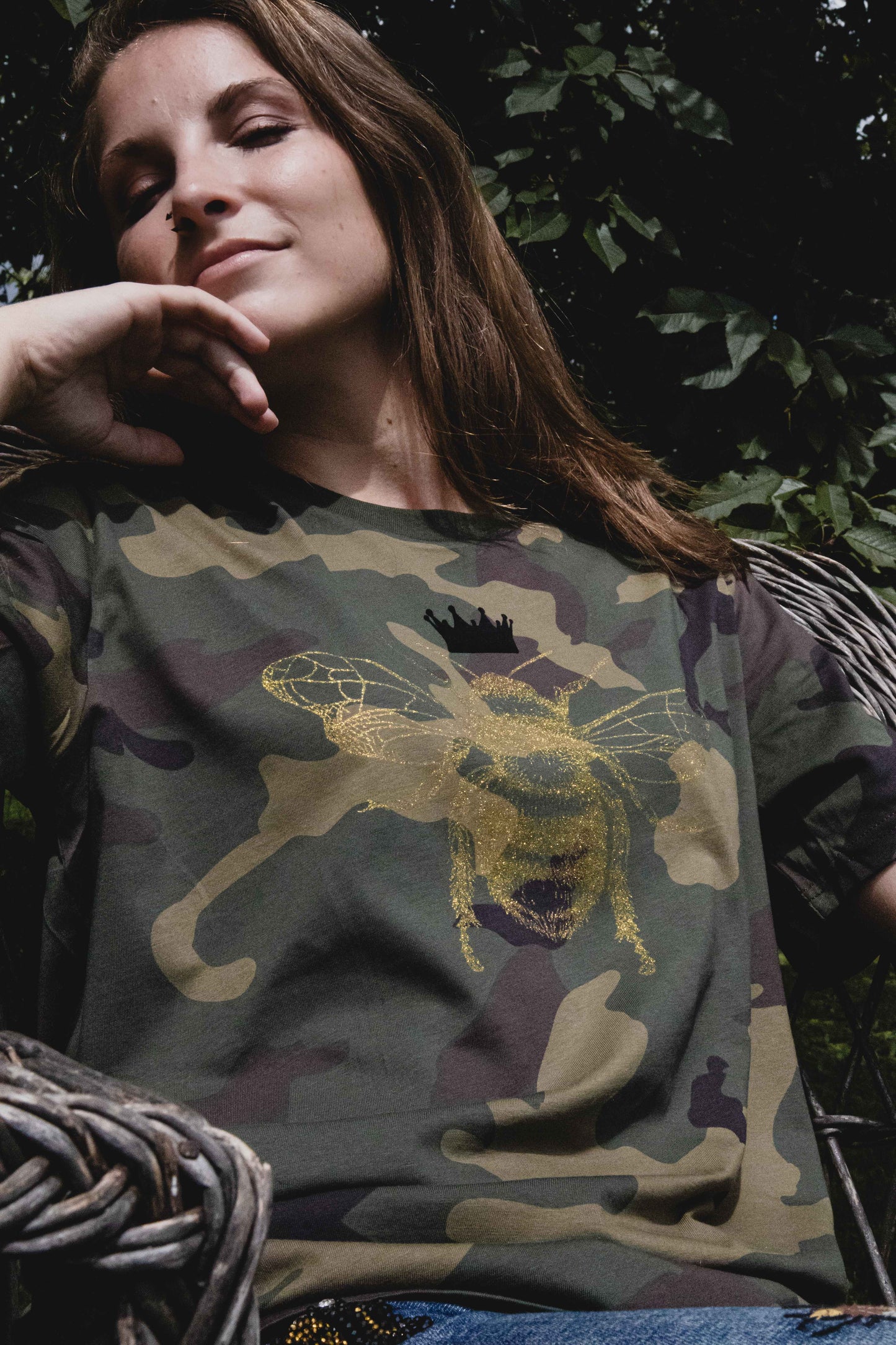 Golden bee on a military pattern tee