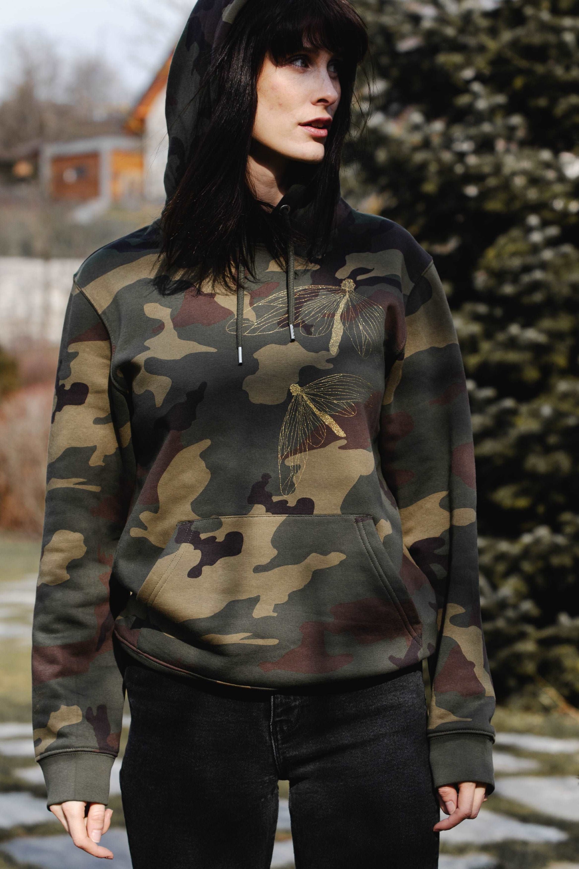 Vojaški hoodie s kapuco in trije zlati nočni metulji - organski bombaž / Unisex model