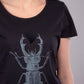 Shiny silver scarab with black plush heart women's tee