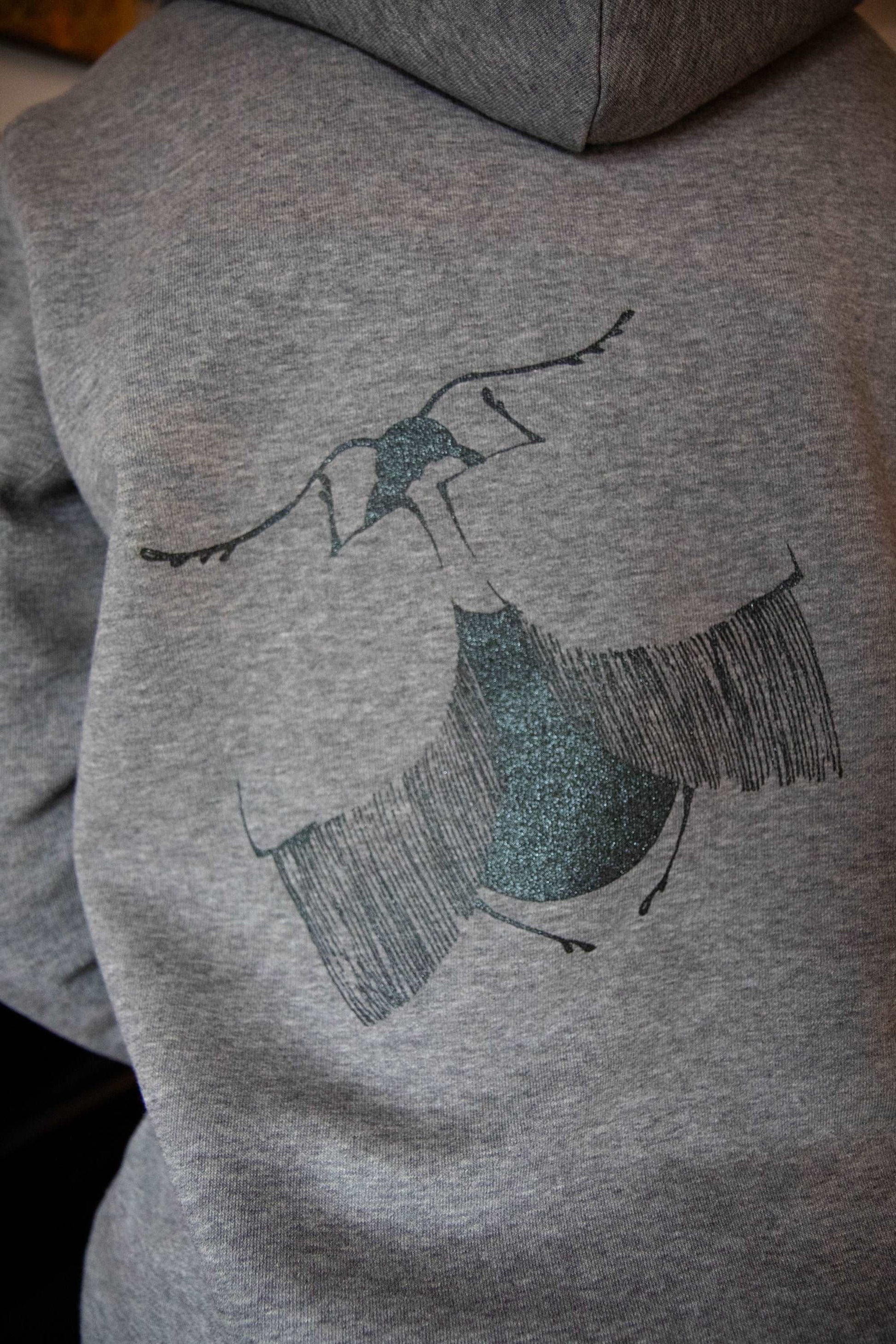 Siva hoodie obleka in črn bleščični metulj spredaj in zadaj - 300 g bombaž